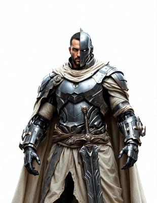 The primary subject of the image is a man dressed in a costume, possibly a warrior or a character from a fantasy world. He is wearing a cape and a sword, and his outfit is adorned with a metal design. The setting appears to be a white background, which emphasizes the man's costume and the details of his outfit. The visual style of the image is digital art, as it is a well-crafted and detailed illustration. The colors and mood of the image are